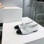 CHANEL FLAT MARY JANE SHOES 25S IN WHITE LAMBSKIN MIX BLACK GLOSSY WITH BOW