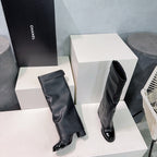 CHANEL HEELED KNEE-HIGH BOOTS 25S 85 MM IN BLACK LAMBSKIN WITH GOLD HARDWARE