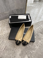 CHANEL BALLET FLATS BEIGE BLACK QUILTED LAMBSKIN