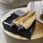 CHANEL BALLET FLATS BEIGE BLACK QUILTED LAMBSKIN
