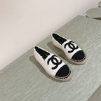 CHANEL ESPADRILLES LOAFERS IN WHITE TWEED WITH BLACK LOGO
