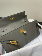 HERMES KELLY CLASSIQUE TO GO WALLET EPSOM 20 IN GREY WITH GOLD HARDWARE