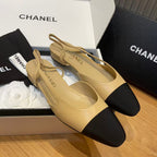 CHANEL SLINGBACKS IN BEIGE LAMBSKIN AND BLACK SATIN
