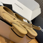 CHANEL SLINGBACKS IN BEIGE LAMBSKIN AND BLACK SATIN