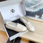 CHANEL ESPADRILLES FLAT SHOES IN BEIGE TWEED AND LEATHER