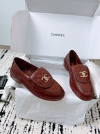 CHANEL QUILTED FLAP LOAFERS IN BURGUNDY RED CALFSKIN GOLD HARDWARE