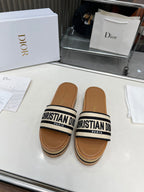 DIOR CD PLATFORM SLIDES IN BEIGE MIX BROWN CANVAS