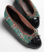 CHANEL BALLET FLATS DARK GREEN BROWN TWEED