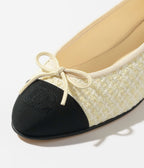 CHANEL BALLET FLATS LIGHT YELLOW BLACK TWEED