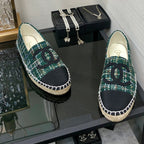 CHANEL ESPADRILLE FOREST GREEN TWEED FABRIC AND BLACK CALFSKIN FLATS