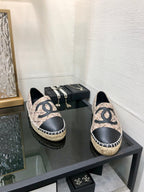 CHANEL ESPADRILLE CAMEL BEIGE TWEED FABRIC AND BLACK CALFSKIN FLATS