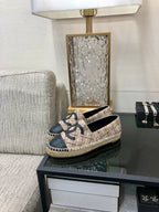 CHANEL ESPADRILLE CAMEL BEIGE TWEED FABRIC AND BLACK CALFSKIN FLATS