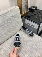 CHANEL ESPADRILLE COLORFUL TWEED FABRIC AND BLACK CALFSKIN FLATS