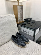 CHANEL ESPADRILLE BLACK MIX WHITE TWEED FABRIC AND CALFSKIN FLATS