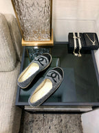 CHANEL ESPADRILLE BLACK MIX WHITE TWEED FABRIC AND CALFSKIN FLATS 185046