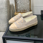 CHANEL ESPADRILLE BISQUE BEIGE TWEED FABRIC AND CALFSKIN FLATS