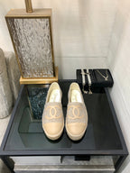 CHANEL ESPADRILLE BISQUE BEIGE TWEED FABRIC AND CALFSKIN FLATS