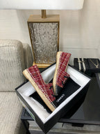 CHANEL ESPADRILLE BLACK MIX CRIMSON RED TWEED FABRIC FLATS
