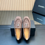CHANEL 25S TEDDY LOAFER 15MM IN TAUPE GRAY SUEDE SILVER HARDWARE
