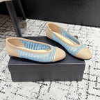 CHANEL BALLET FLAT 25S IN BLUE AND BEIGE RAFFIA