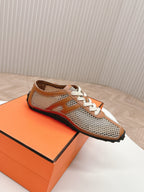 HERMES KIGA SNEAKER IN WHITE CROCHET KNIT AND BRONZE BROWN CALFSKIN