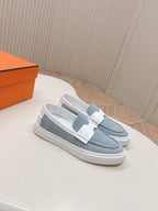 HERMES 25S SLIP-ON IN BLUE DENIM AND WHITE LAMBSKIN