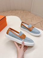 HERMES 25S SLIP-ON IN BLUE DENIM AND BROWN LAMBSKIN