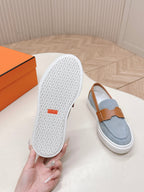 HERMES 25S SLIP-ON IN BLUE DENIM AND BROWN LAMBSKIN