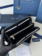 DIOR 25S SADDLE LONG ZIPPED WALLET 19 IN BLACK GRAINED CALFSKIN MARQUETRY
