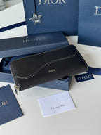 DIOR 25S SADDLE LONG ZIPPED WALLET 19 IN BLACK GRAINED CALFSKIN MARQUETRY