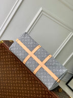 LOUIS VUITTON KEEPALL BANDOULIÈRE 45 IN GREY MONOGRAM DENIM LIGHT BROWN CALFSKIN