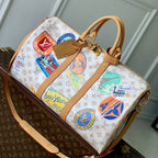 LOUIS VUITTON KEEPALL BANDOULIÈRE 45 IN WHITE MONOGRAM DUNE CANVAS AND CALFSKIN