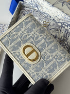 DIOR 25S CARO CARD HOLDER 11 IN LIGHT BLUE CALFSKIN AND CANVAS GOLD HARDWARE