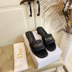 DIOR DWAY HEELED SLIDE IN BLACK CALFSKIN WITH GOLD LOGO