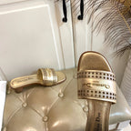 DIOR DWAY HEELED SLIDE IN GOLD CALFSKIN WITH GOLD LOGO