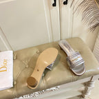 DIOR DWAY HEELED SLIDE IN SILVER CALFSKIN WITH GOLD LOGO