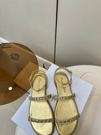 DIOR FLAT SANDALS 25S IN SHINY GOLD CALFSKIN RHINESTONES STRAP