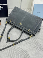 PRADA 25S BONNIE LARGE HANDBAG 38 IN RK GRAY SUEDE GOLD HARDWARE