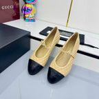CHANEL MARY JANE FLAT 25S IN BEIGE LAMBSKIN EMBOSSED LOGO