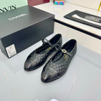 CHANEL MARY JANE FLAT 25S IN BLACK LAMBSKIN EMBOSSED LOGO