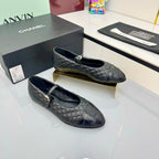 CHANEL MARY JANE FLAT 25S IN BLACK LAMBSKIN EMBOSSED LOGO