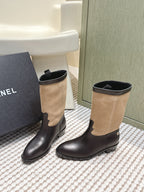CHANEL 25S MID-CALF BOOTS IN TAN BROWN SUEDE MIX BLACK CALFSKIN