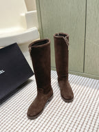 CHANEL 25S KNEE-HIGH BOOTS IN DARK BROWN SUEDE GOLD HARDWARE