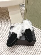 CHANEL 25S LOAFERS MOASIN IN BLACK SUEDE WITH WHITE MINK FUR LINING