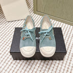 CHANEL 25S MOASINS IN LIGHT BLUISH-GRAY AND LIGHT GREY SUEDE
