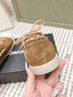 CHANEL 25S MOASINS IN BROWN AND LIGHT GREY SUEDE