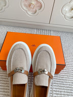 HERMES 25S SLIP-ON IN LIGHT BEIGE CANVAS AND BROWN LAMBSKIN WITH SILVER HARDWARE