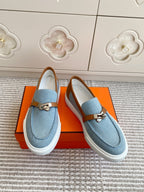 HERMES 25S SLIP-ON IN SKY BLUE CANVAS AND BROWN LAMBSKIN WITH SILVER HARDWARE