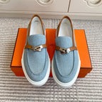 HERMES 25S SLIP-ON IN SKY BLUE CANVAS AND BROWN LAMBSKIN WITH SILVER HARDWARE