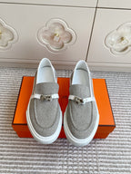 HERMES 25S SLIP-ON IN LIGHT GREY CANVAS WITH SILVER HARDWARE